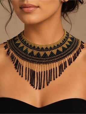 Gold and Black Beaded Fringe Statement Necklace - Women Jewelry